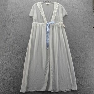 Flora Womens Ivory Sheer Mesh Lace Trim Robe Blue Ribbon Tie L/XL NEW